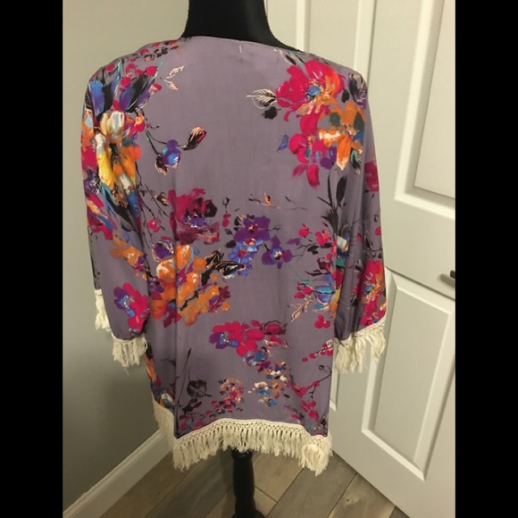 Watercolor Floral Kimono With Fringe - Picture 3 of 3